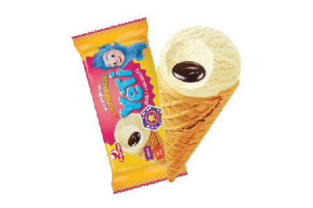 cone of vanilla ice cream with chocolate inside