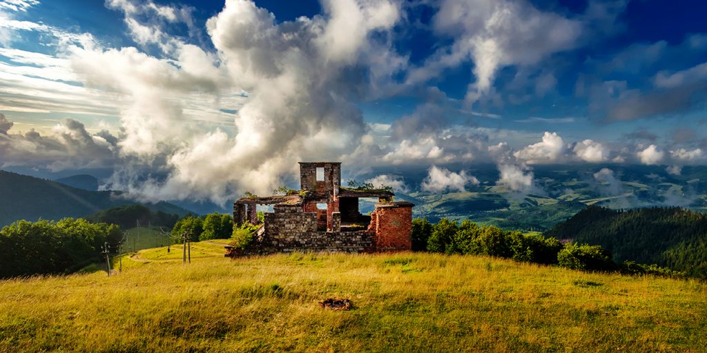 Ruins and blue sky in the Carpathian mountains