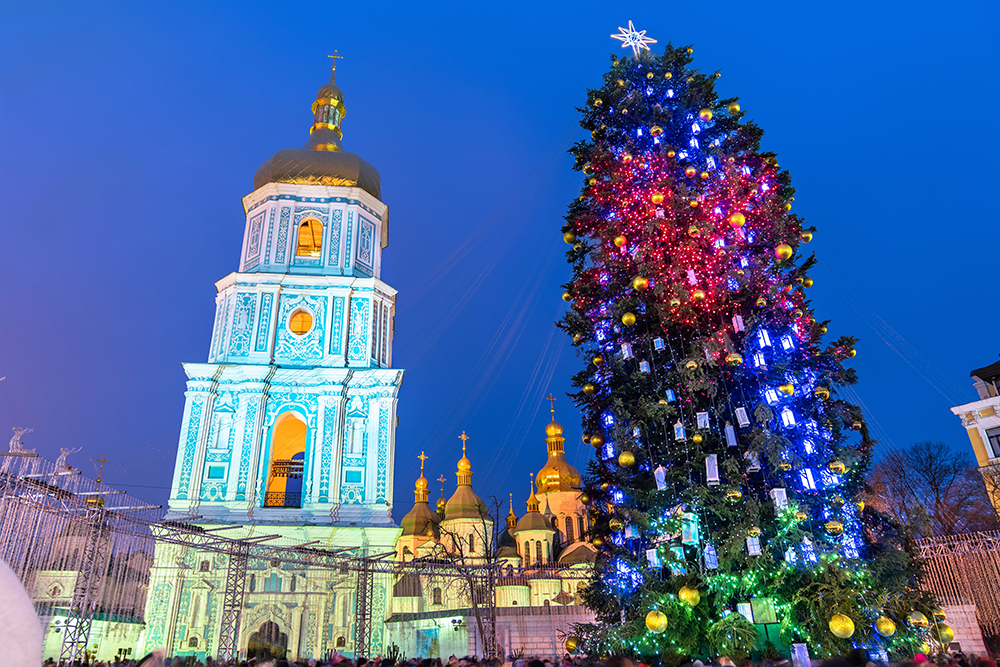 Christmas tree and Saint Sophia Cathedral in Kyiv