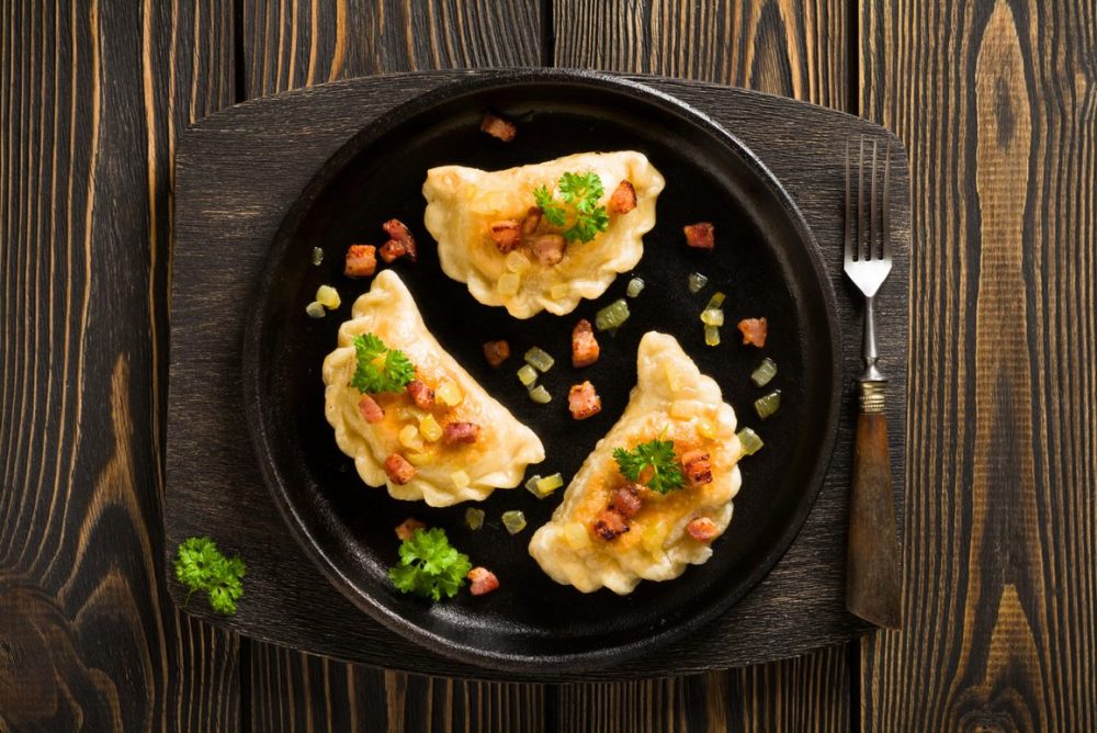 fried dumplings with onion and bacon